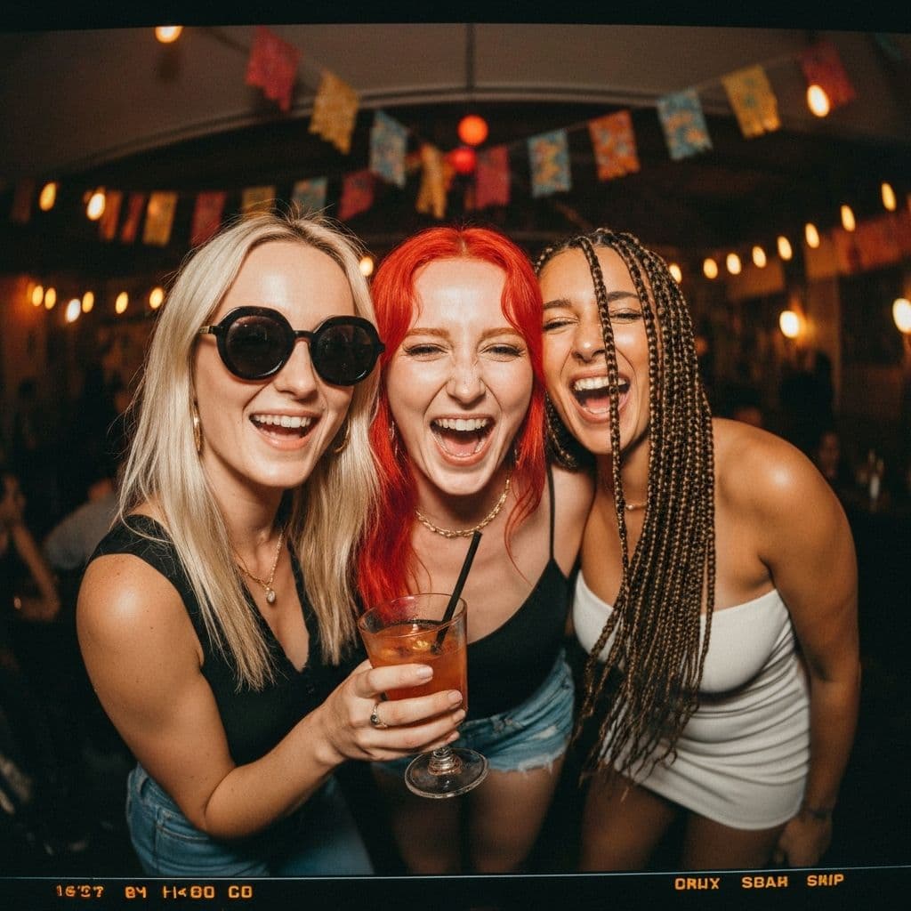 Tres amigas celebrando con gestos de paz
