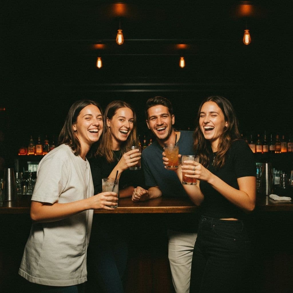 Grupo de cuatro amigos en un bar de cócteles