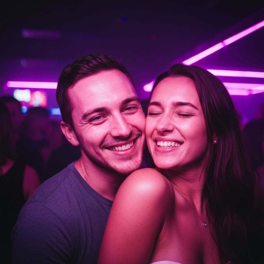 Pareja sonriendo con luz neón violeta