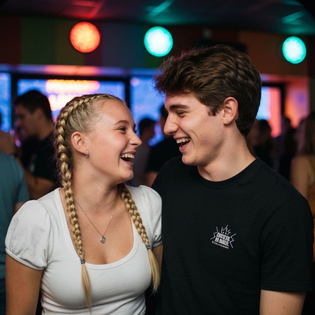 Pareja jugando a caballito en un bar