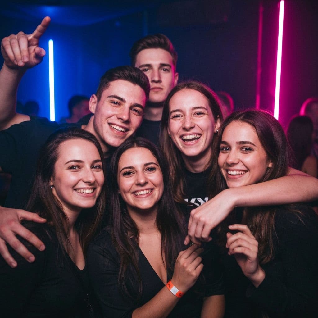 Grupo grande en un club con luces neón