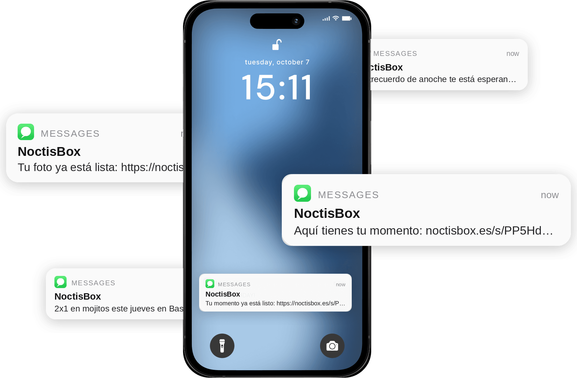 Móvil recibiendo SMS de NoctisBox: el enlace a las fotos de la noche y una promoción del local