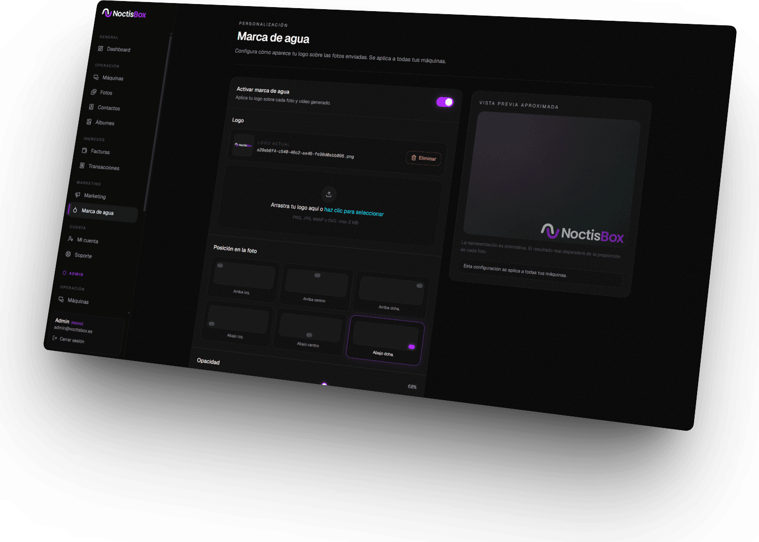 Pantalla de marca de agua del panel de NoctisBox para configurar el logo sobre las fotos enviadas